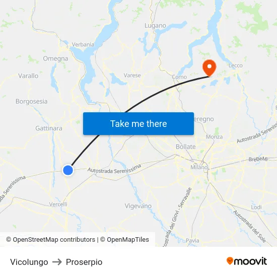 Vicolungo to Proserpio map