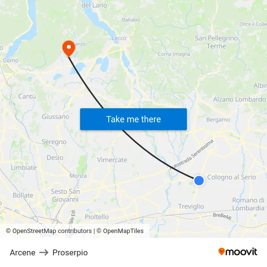 Arcene to Proserpio map