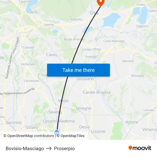 Bovisio-Masciago to Proserpio map