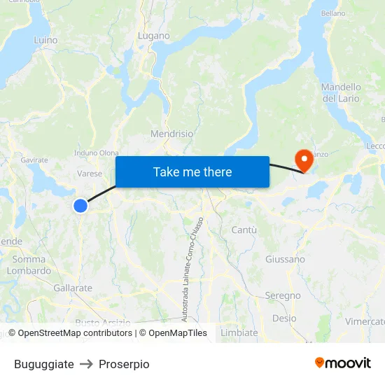 Buguggiate to Proserpio map
