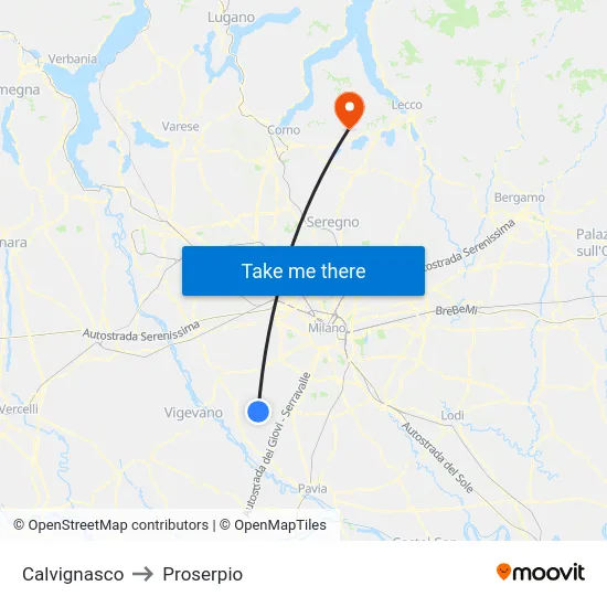 Calvignasco to Proserpio map