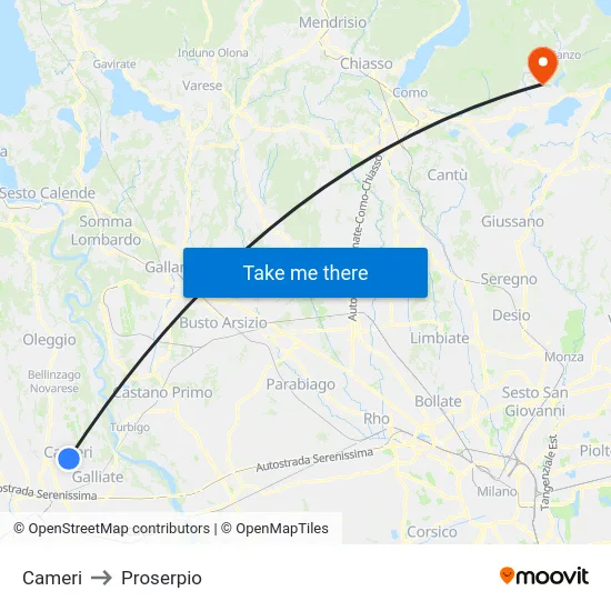 Cameri to Proserpio map