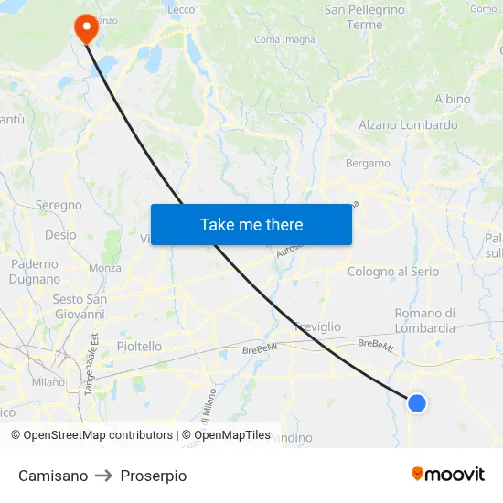 Camisano to Proserpio map