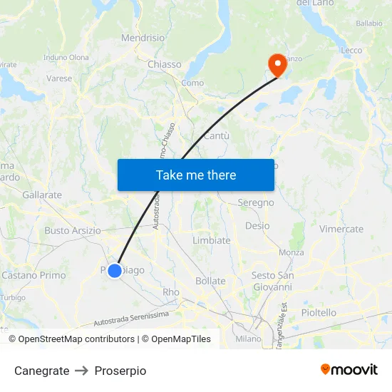 Canegrate to Proserpio map