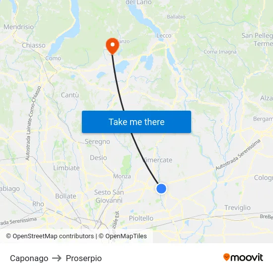 Caponago to Proserpio map