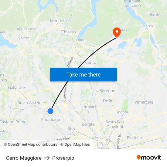 Cerro Maggiore to Proserpio map