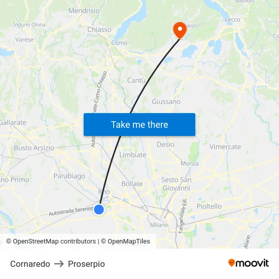 Cornaredo to Proserpio map