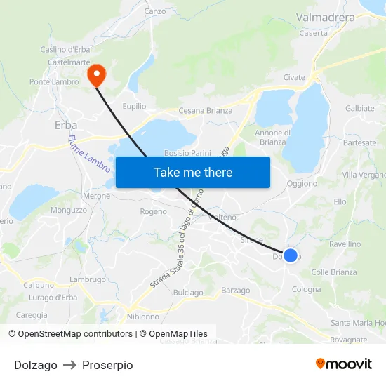Dolzago to Proserpio map