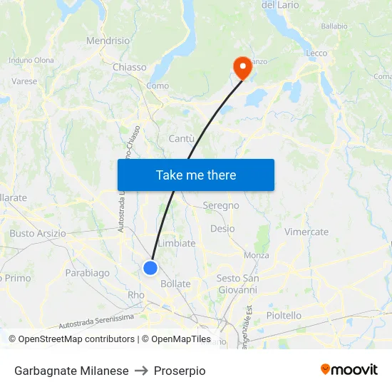 Garbagnate Milanese to Proserpio map