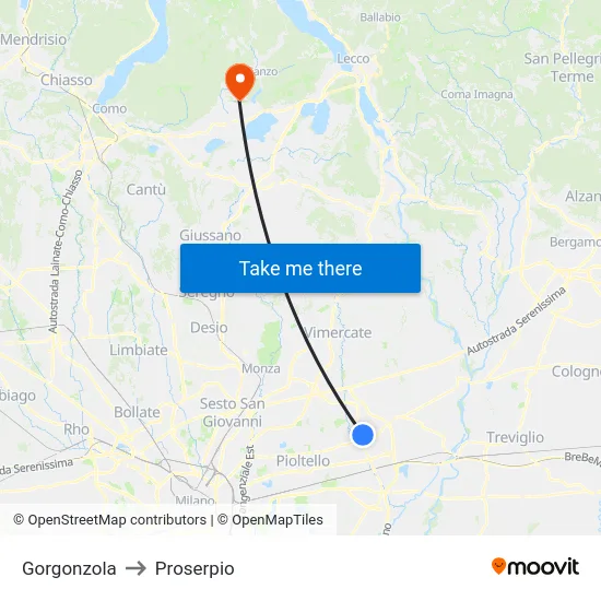 Gorgonzola to Proserpio map