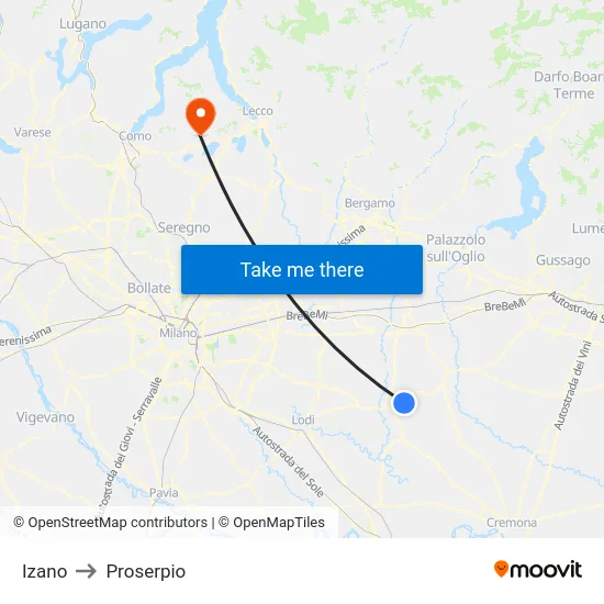 Izano to Proserpio map