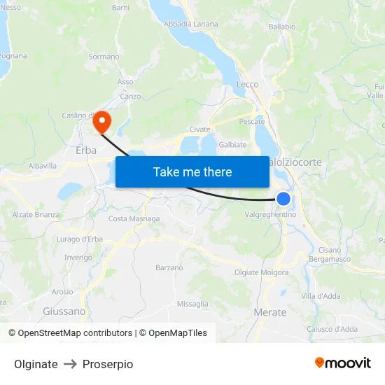 Olginate to Proserpio map