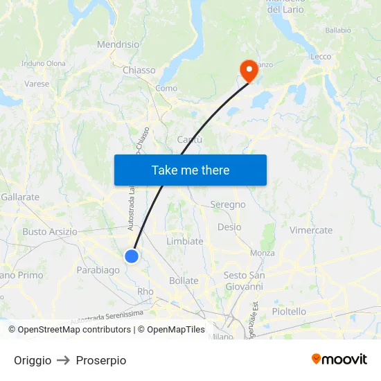 Origgio to Proserpio map