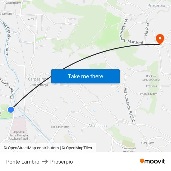 Ponte Lambro to Proserpio map