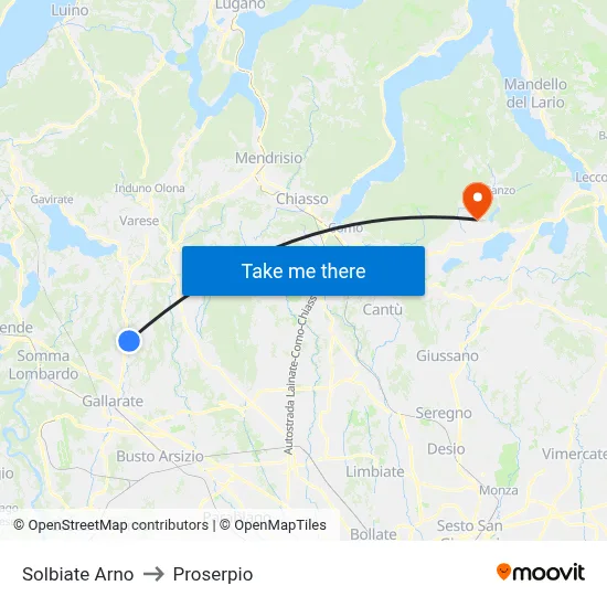 Solbiate Arno to Proserpio map
