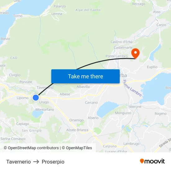 Tavernerio to Proserpio map
