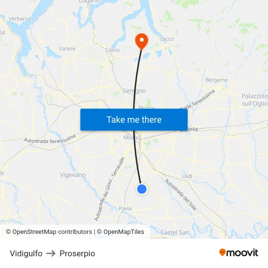 Vidigulfo to Proserpio map