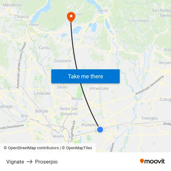 Vignate to Proserpio map