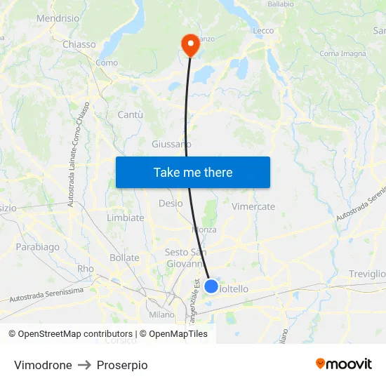 Vimodrone to Proserpio map