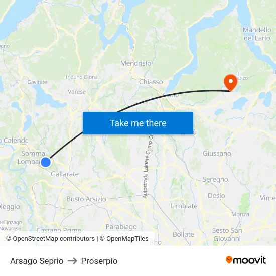 Arsago Seprio to Proserpio map