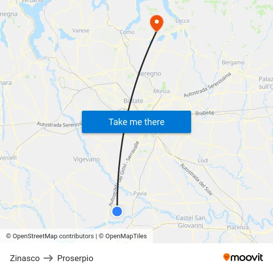Zinasco to Proserpio map