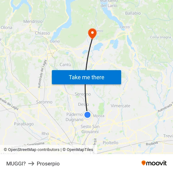 Muggiò to Proserpio map
