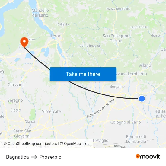 Bagnatica to Proserpio map