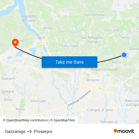 Gazzaniga to Proserpio map