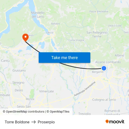 Torre Boldone to Proserpio map