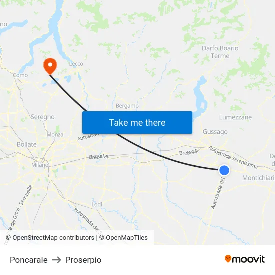 Poncarale to Proserpio map