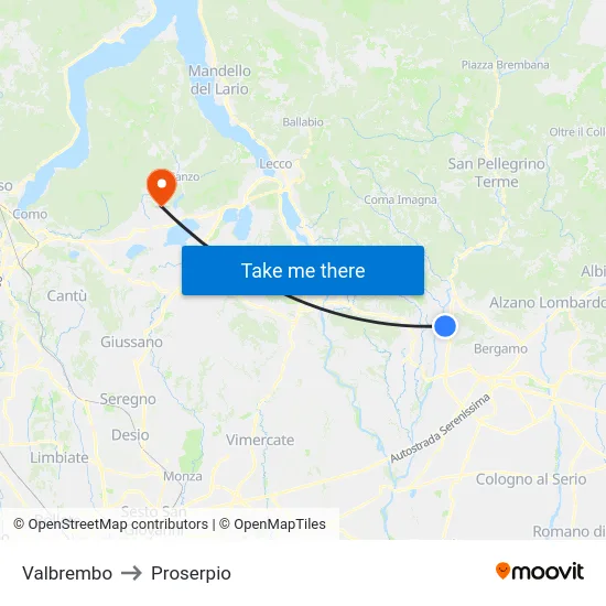 Valbrembo to Proserpio map
