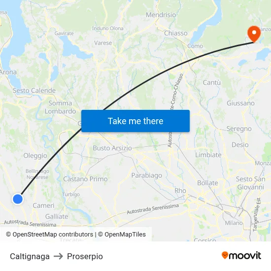 Caltignaga to Proserpio map