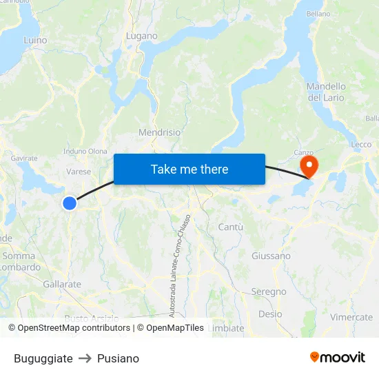 Buguggiate to Pusiano map