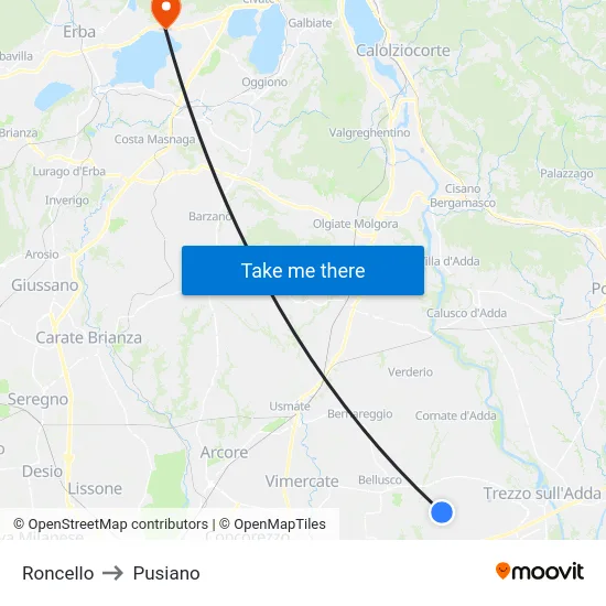 Roncello to Pusiano map