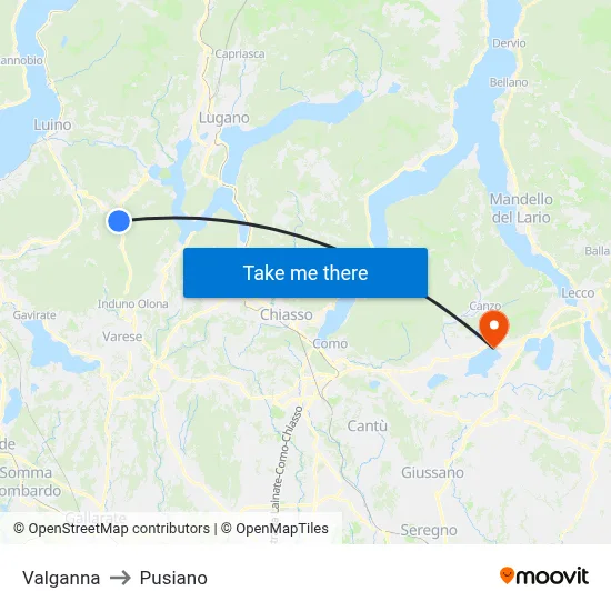 Valganna to Pusiano map