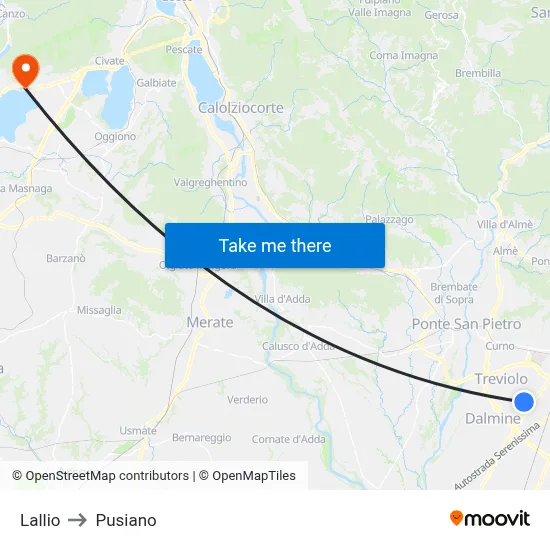 Lallio to Pusiano map