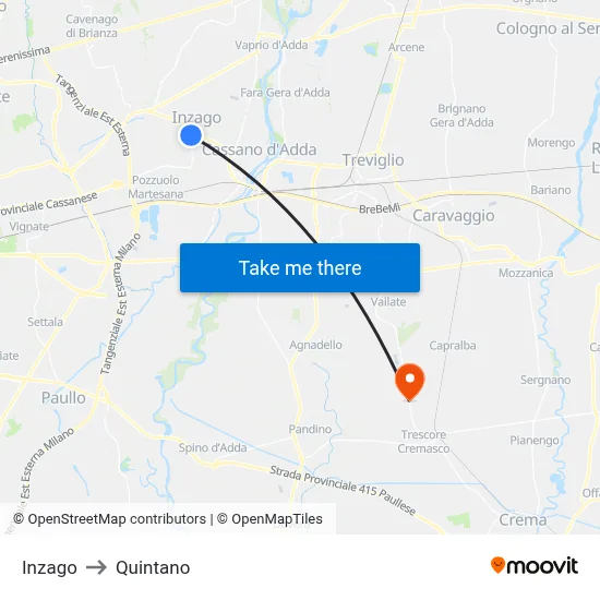 Inzago to Quintano map