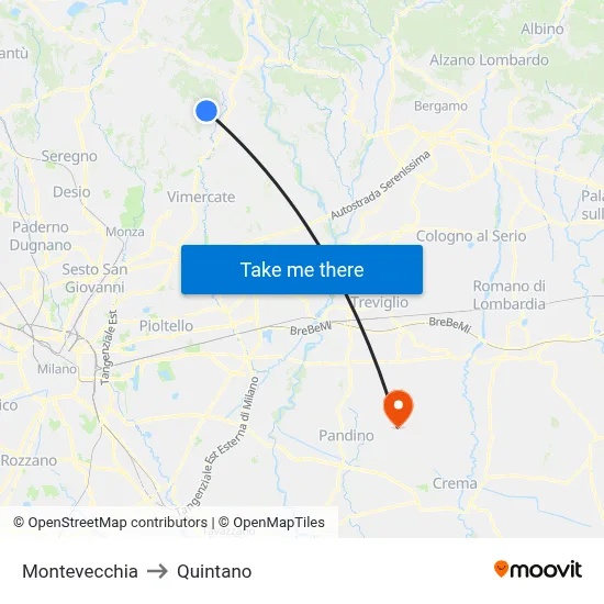 Montevecchia to Quintano map