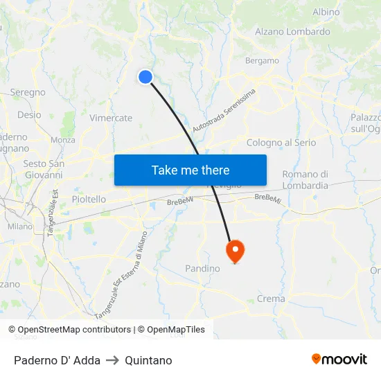 Paderno D'Adda to Quintano map