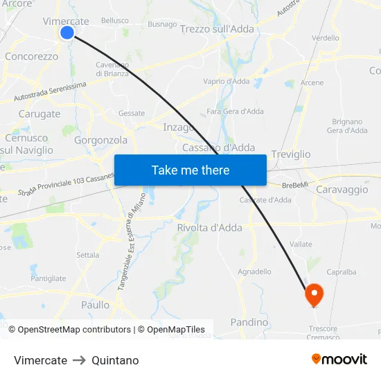 Vimercate to Quintano map