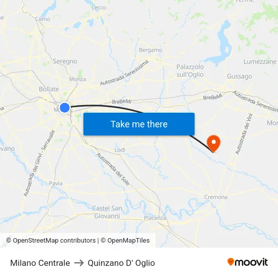 Milano Centrale to Quinzano D' Oglio map
