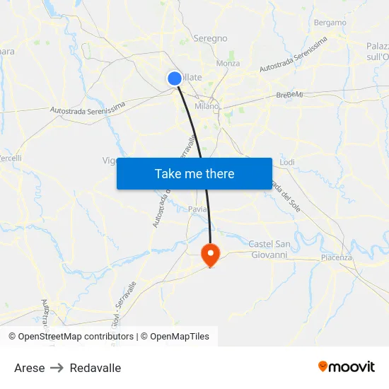 Arese to Redavalle map