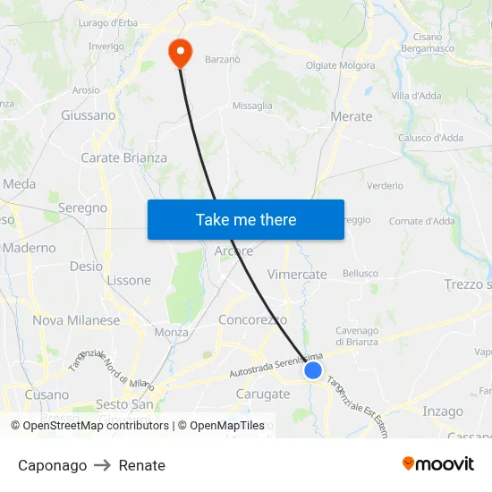 Caponago to Renate map