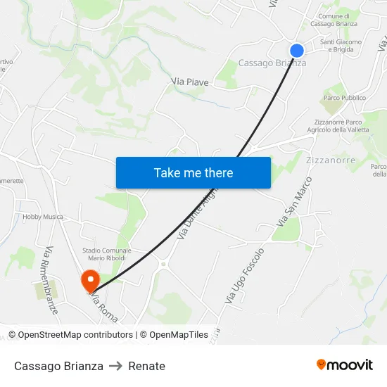 Cassago Brianza to Renate map