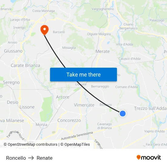 Roncello to Renate map