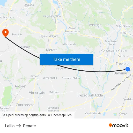 Lallio to Renate map