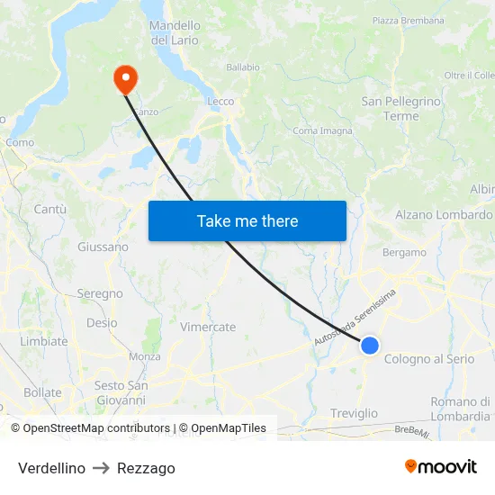 Verdellino to Rezzago map