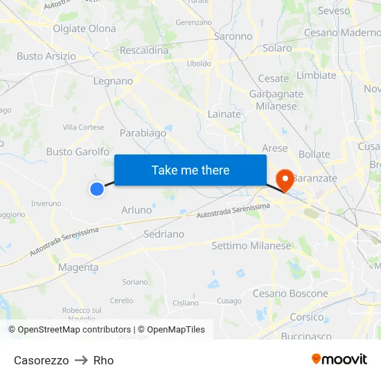 Casorezzo to Rho map