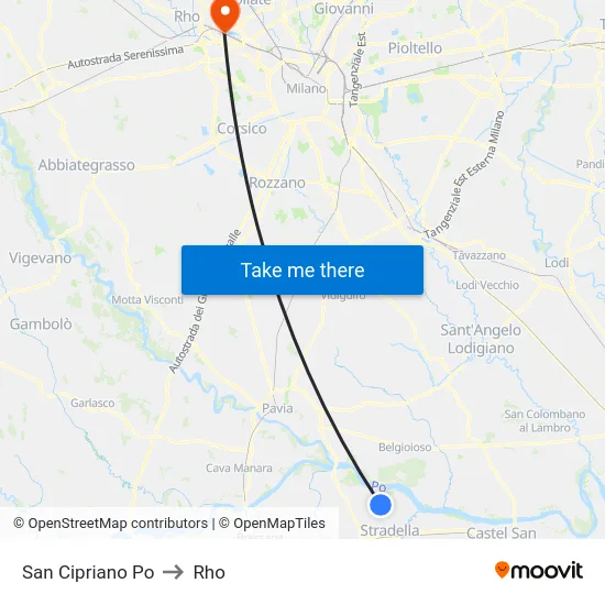 San Cipriano Po to Rho map