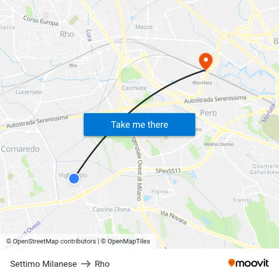 Settimo Milanese to Rho map
